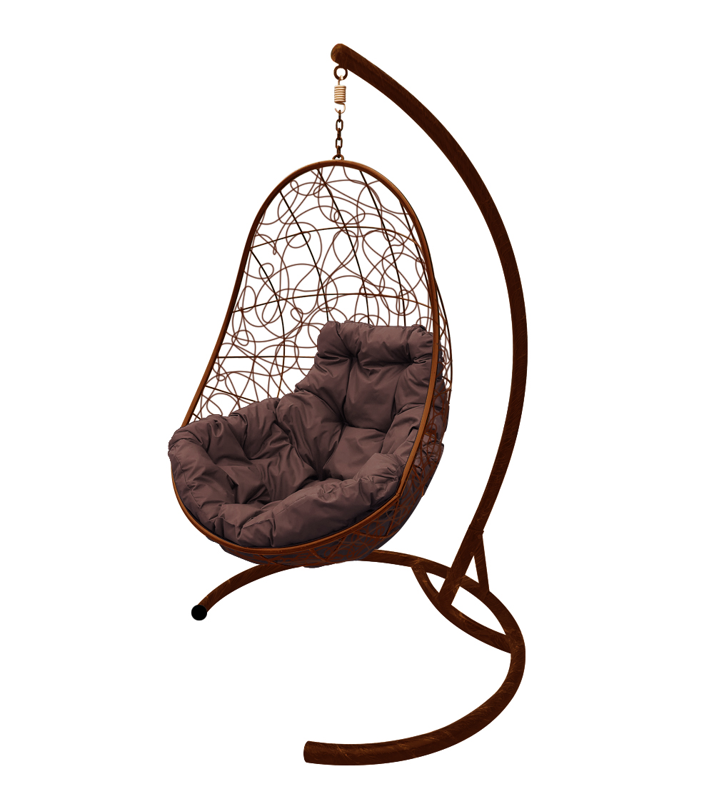 Подвесное кресло ОВАЛ с ротангом коричневое, бежевая подушка