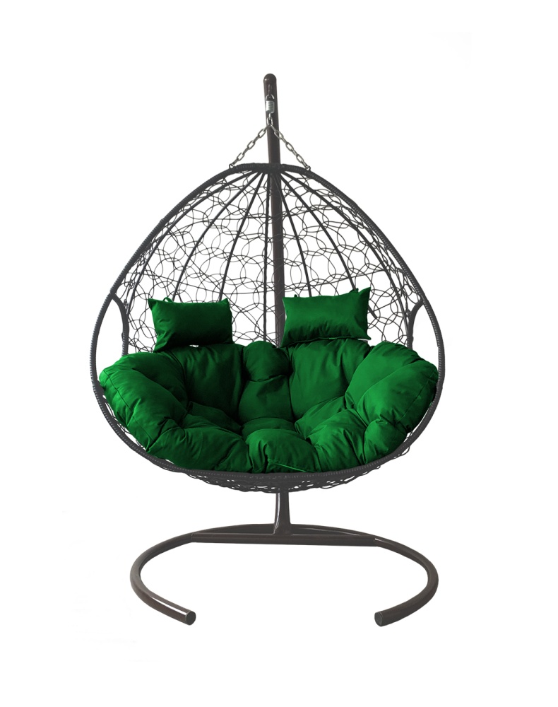 Подвесное кресло ДЛЯ ДВОИХ с ротангом серое, зелёная подушка