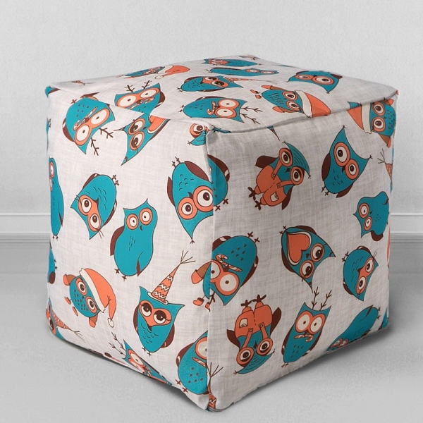 Пуфик мешок Кубик Новогодние совы, мебельный хлопок